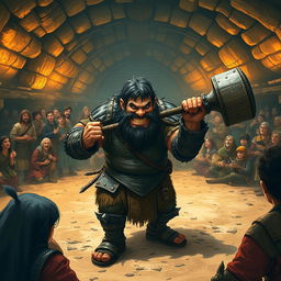 An underground fight arena with a dirt floor filled with excited medieval commoners, eagerly watching the brawl unfold