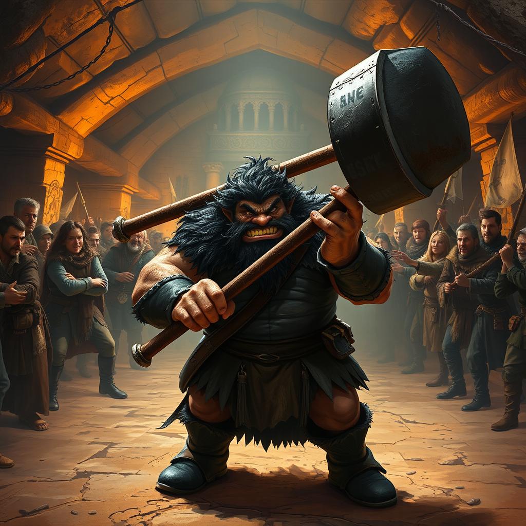 An underground fight arena with a dirt floor filled with excited medieval commoners, eagerly watching the brawl unfold