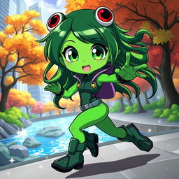 A cute anime girl inspired by My Hero Academia, featuring frog-like characteristics