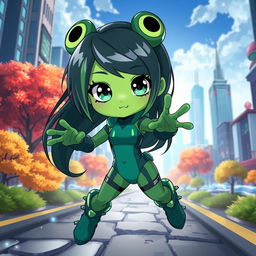 A cute anime girl inspired by My Hero Academia, featuring frog-like characteristics