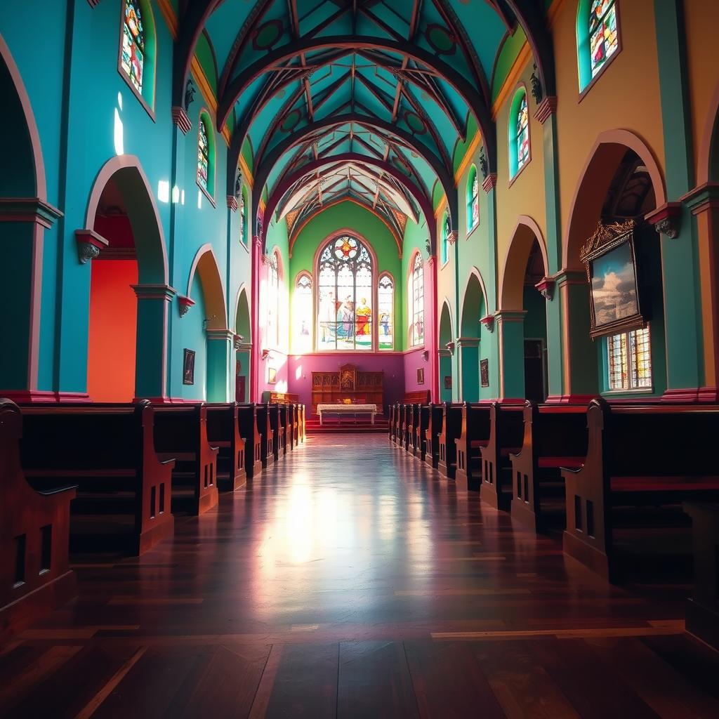 A vibrant and beautifully painted interior of a church, featuring walls painted in colors that harmonize well with the floor and ceiling