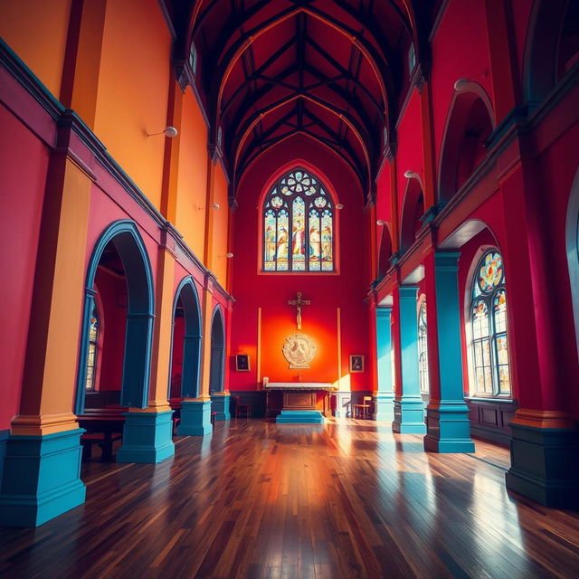 A vibrant and beautifully painted interior of a church, featuring walls painted in colors that harmonize well with the floor and ceiling