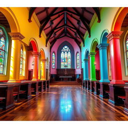 A vibrant and beautifully painted interior of a church, featuring walls painted in colors that harmonize well with the floor and ceiling