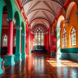 A vibrant and beautifully painted interior of a church, featuring walls painted in colors that harmonize well with the floor and ceiling