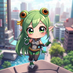 A cute anime girl inspired by My Hero Academia, featuring frog-like characteristics but with normal human skin