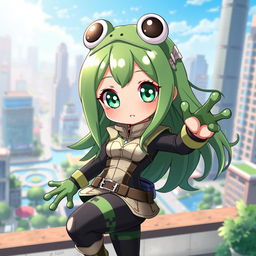 A cute anime girl inspired by My Hero Academia, featuring frog-like characteristics but with normal human skin