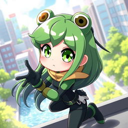 A cute anime girl inspired by My Hero Academia, featuring frog-like characteristics but with normal human skin