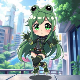 A cute anime girl inspired by My Hero Academia, featuring frog-like characteristics but with normal human skin