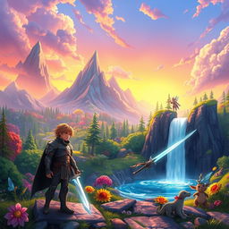 An imaginative and colorful scene from a fantastical video game world, showcasing a vibrant landscape filled with lush forests, towering mountains, and a mystical waterfall cascading into a sparkling lake