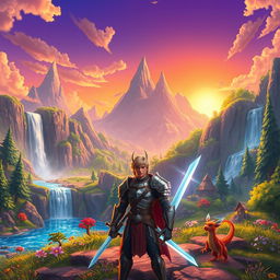An imaginative and colorful scene from a fantastical video game world, showcasing a vibrant landscape filled with lush forests, towering mountains, and a mystical waterfall cascading into a sparkling lake