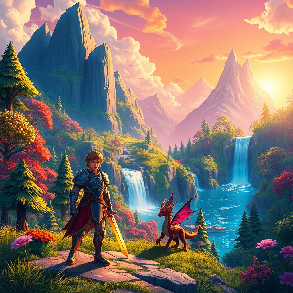 An imaginative and colorful scene from a fantastical video game world, showcasing a vibrant landscape filled with lush forests, towering mountains, and a mystical waterfall cascading into a sparkling lake