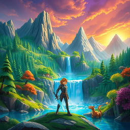 An imaginative and colorful scene from a fantastical video game world, showcasing a vibrant landscape filled with lush forests, towering mountains, and a mystical waterfall cascading into a sparkling lake