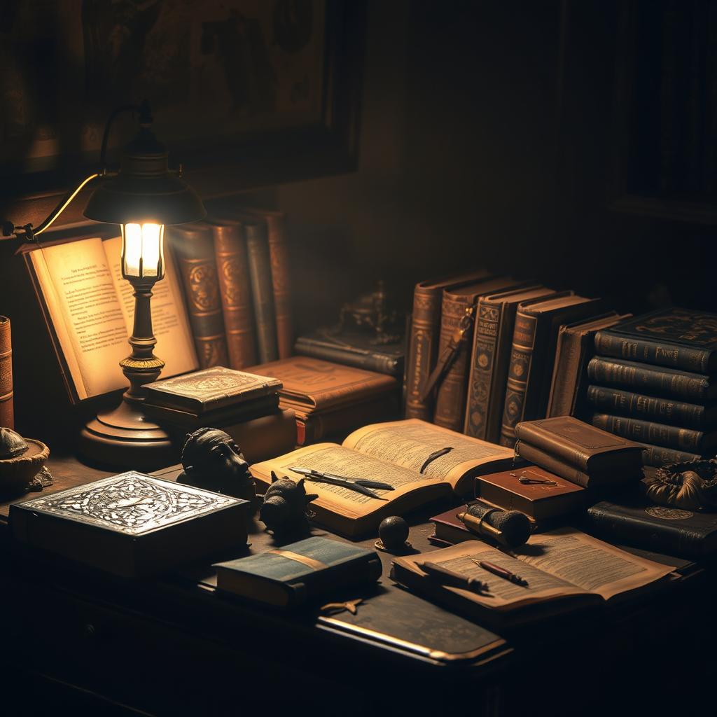 An antique desk cluttered with ancient books and mysterious objects, illuminated by a vintage lamp casting a warm glow