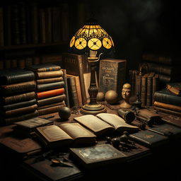 An antique desk cluttered with ancient books and mysterious objects, illuminated by a vintage lamp casting a warm glow