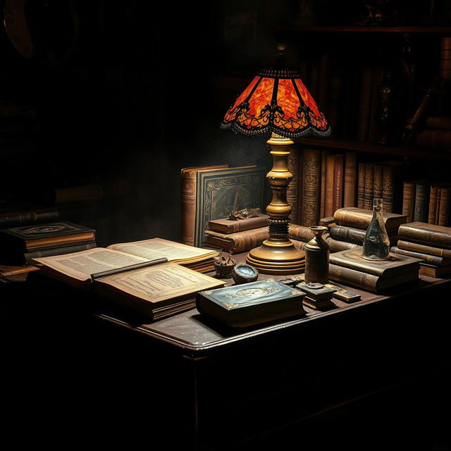 An antique desk cluttered with ancient books and mysterious objects, illuminated by a vintage lamp casting a warm glow