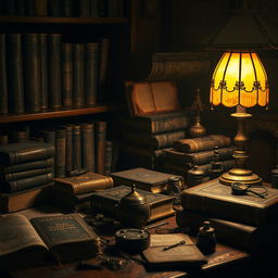 An antique desk cluttered with ancient books and mysterious objects, illuminated by a vintage lamp casting a warm glow