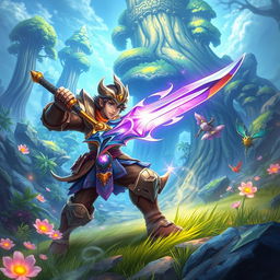 A vibrant, action-packed scene from a fantastical video game, featuring a heroic character in detailed armor, wielding a glowing sword amidst an awe-inspiring landscape