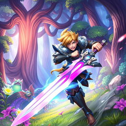 A vibrant, action-packed scene from a fantastical video game, featuring a heroic character in detailed armor, wielding a glowing sword amidst an awe-inspiring landscape