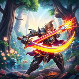 A vibrant, action-packed scene from a fantastical video game, featuring a heroic character in detailed armor, wielding a glowing sword amidst an awe-inspiring landscape