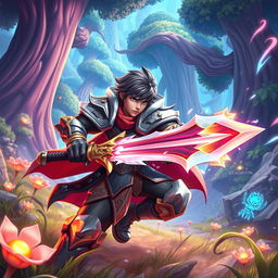 A vibrant, action-packed scene from a fantastical video game, featuring a heroic character in detailed armor, wielding a glowing sword amidst an awe-inspiring landscape