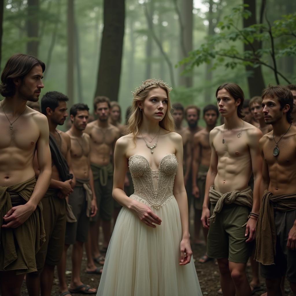 An elegant princess, age 19, with medium breast, standing nude in the woods, surrounded by impoverished peasants