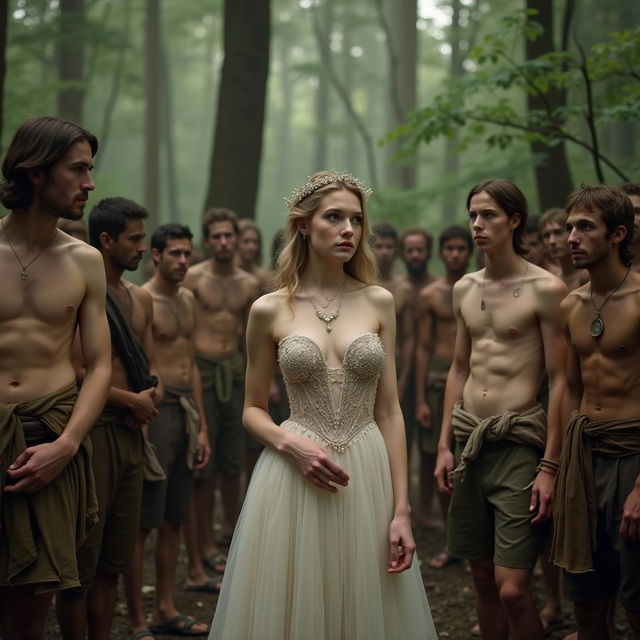 An elegant princess, age 19, with medium breast, standing nude in the woods, surrounded by impoverished peasants