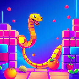 A vibrant and dynamic illustration inspired by classic retro arcade games featuring a pixelated snake navigating through a colorful maze