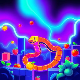 A vibrant and dynamic illustration inspired by classic retro arcade games featuring a pixelated snake navigating through a colorful maze