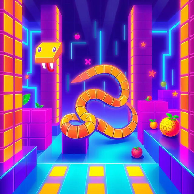 A vibrant and dynamic illustration inspired by classic retro arcade games featuring a pixelated snake navigating through a colorful maze