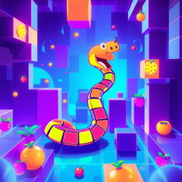 A vibrant and dynamic illustration inspired by classic retro arcade games featuring a pixelated snake navigating through a colorful maze