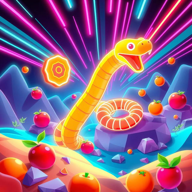 A vibrant and dynamic representation of a classic snake video game, featuring a stylized neon snake slithering through a pixelated landscape filled with colorful food items and obstacles