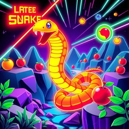 A vibrant and dynamic representation of a classic snake video game, featuring a stylized neon snake slithering through a pixelated landscape filled with colorful food items and obstacles