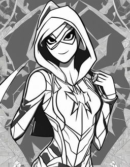 Fortnite-themed colouring sheet featuring an intricate outline of Spider-Gwen with her signature outfit.