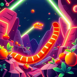 A vibrant and dynamic representation of a classic snake video game, featuring a stylized neon snake slithering through a pixelated landscape filled with colorful food items and obstacles