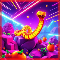A vibrant and dynamic representation of a classic snake video game, featuring a stylized neon snake slithering through a pixelated landscape filled with colorful food items and obstacles