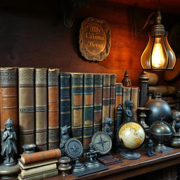 A horizontal display featuring a row of ancient books with ornate spines, beautifully aged and displayed in a rustic setting