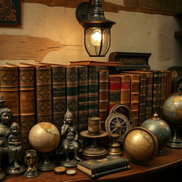 A horizontal display featuring a row of ancient books with ornate spines, beautifully aged and displayed in a rustic setting