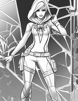 Fortnite-themed colouring sheet featuring an intricate outline of Spider-Gwen with her signature outfit.