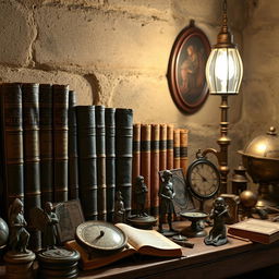 A horizontal display featuring a row of ancient books with ornate spines, beautifully aged and displayed in a rustic setting