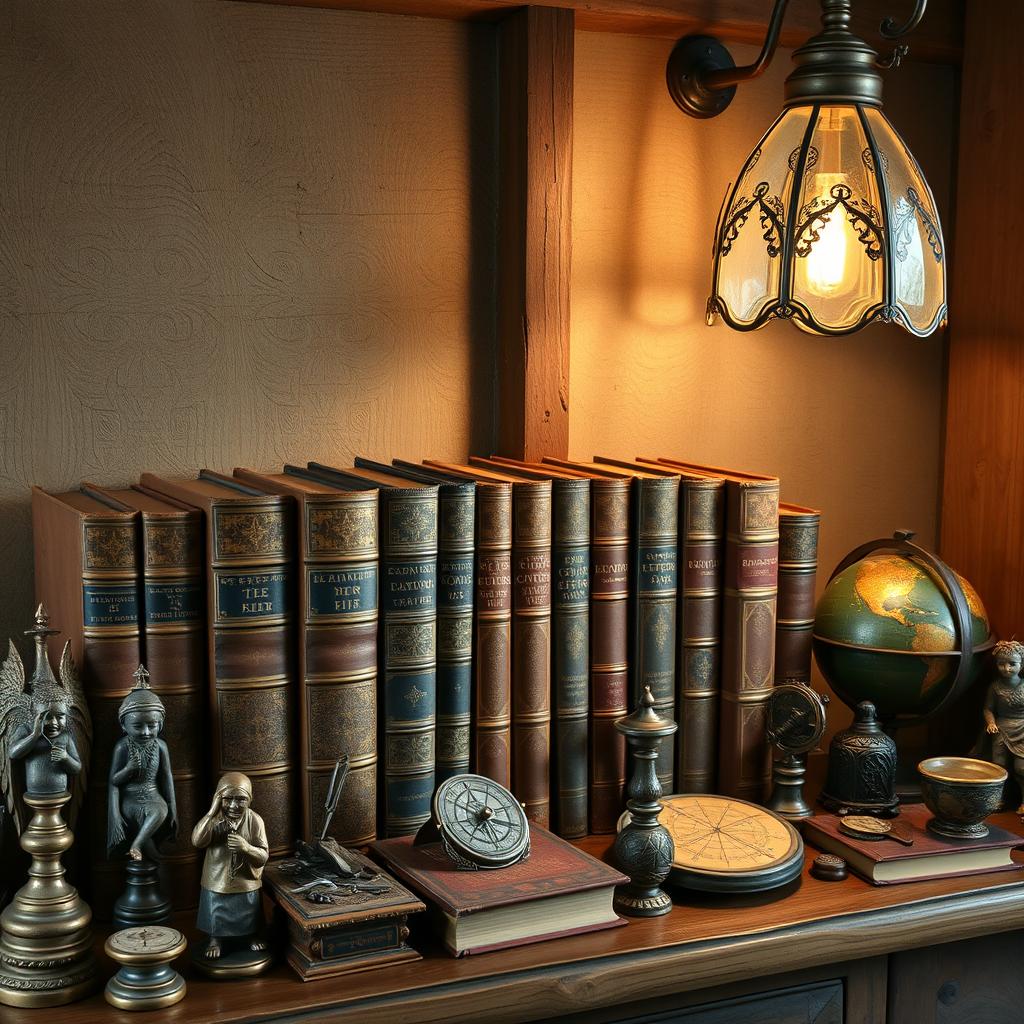 A horizontal display featuring a row of ancient books with ornate spines, beautifully aged and displayed in a rustic setting