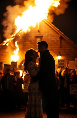 A passionate couple standing in front of a burning wine cellar, flames licking the sides of the building and bright orange light glowing against the dark night