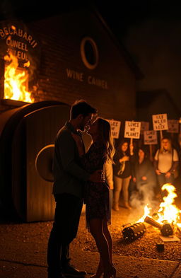 A passionate couple standing in front of a burning wine cellar, flames licking the sides of the building and bright orange light glowing against the dark night