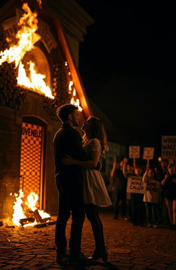 A passionate couple standing in front of a burning wine cellar, flames licking the sides of the building and bright orange light glowing against the dark night