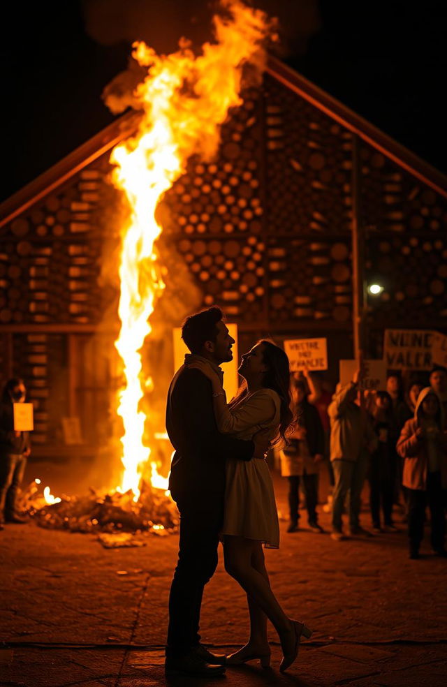 A passionate couple standing in front of a burning wine cellar, flames licking the sides of the building and bright orange light glowing against the dark night