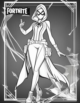 Fortnite-themed colouring sheet featuring an intricate outline of Spider-Gwen with her signature outfit.