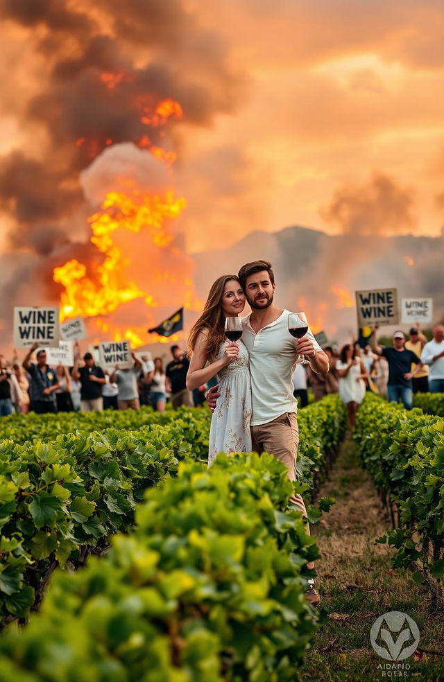 A passionate couple standing together, holding wine glasses amidst a dramatic scene of a winery engulfed in flames, with flames flickering in the background