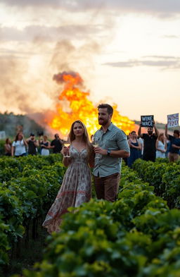 A passionate couple standing together, holding wine glasses amidst a dramatic scene of a winery engulfed in flames, with flames flickering in the background