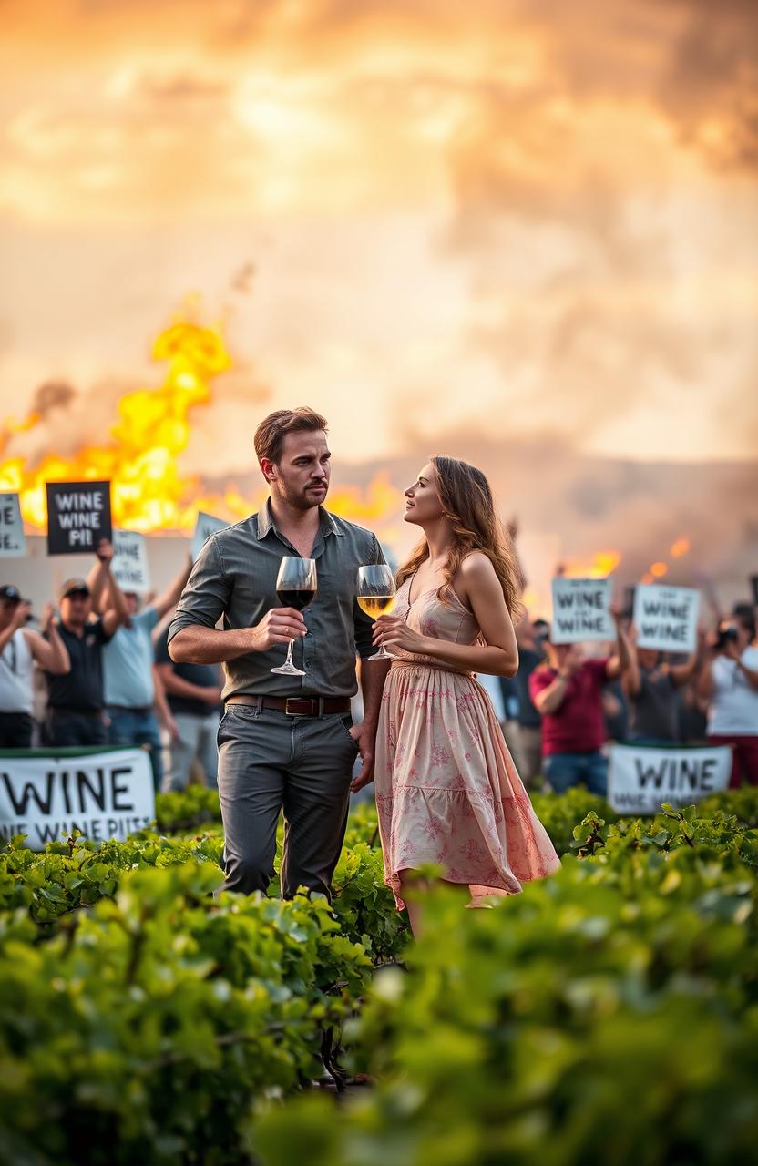 A passionate couple standing together, holding wine glasses amidst a dramatic scene of a winery engulfed in flames, with flames flickering in the background