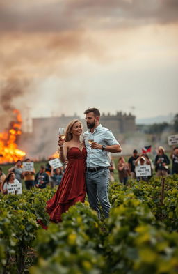 A passionate couple standing together, holding wine glasses amidst a dramatic scene of a winery engulfed in flames, with flames flickering in the background