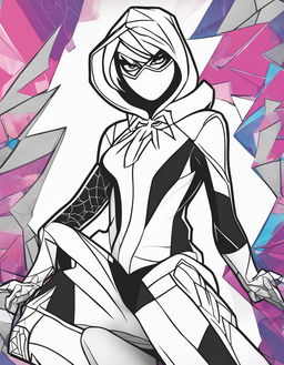 Fortnite-themed colouring sheet featuring an intricate outline of Spider-Gwen with her signature outfit.